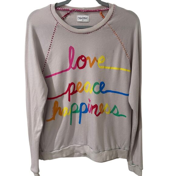 Lauren Moshi Tops - Lauren Moshi Jocelyn "Love Peace Happiness" Rainbow Stitch Sweatshirt XS